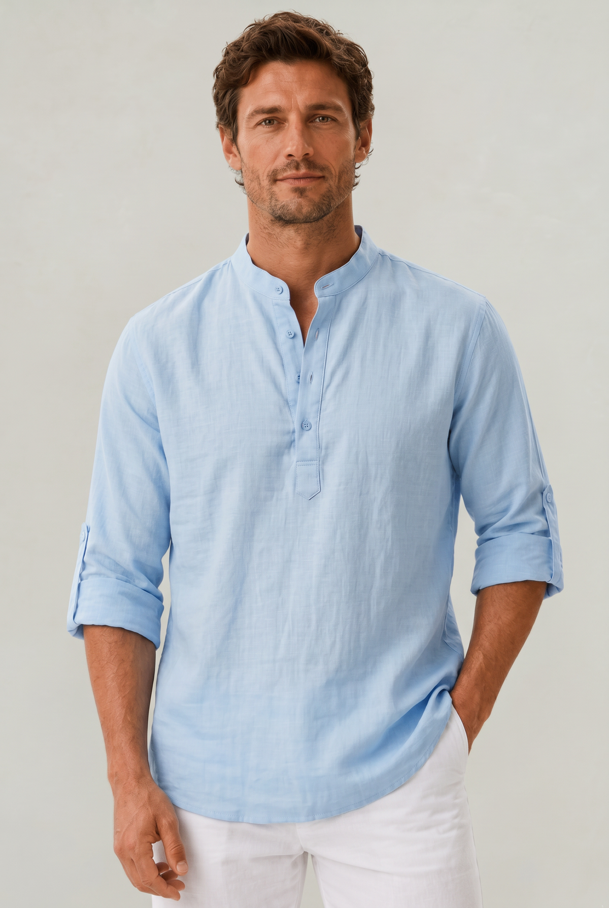 Men's T Shirts Linen Relaxed Fit, Henley Shirt with Grandad Collar