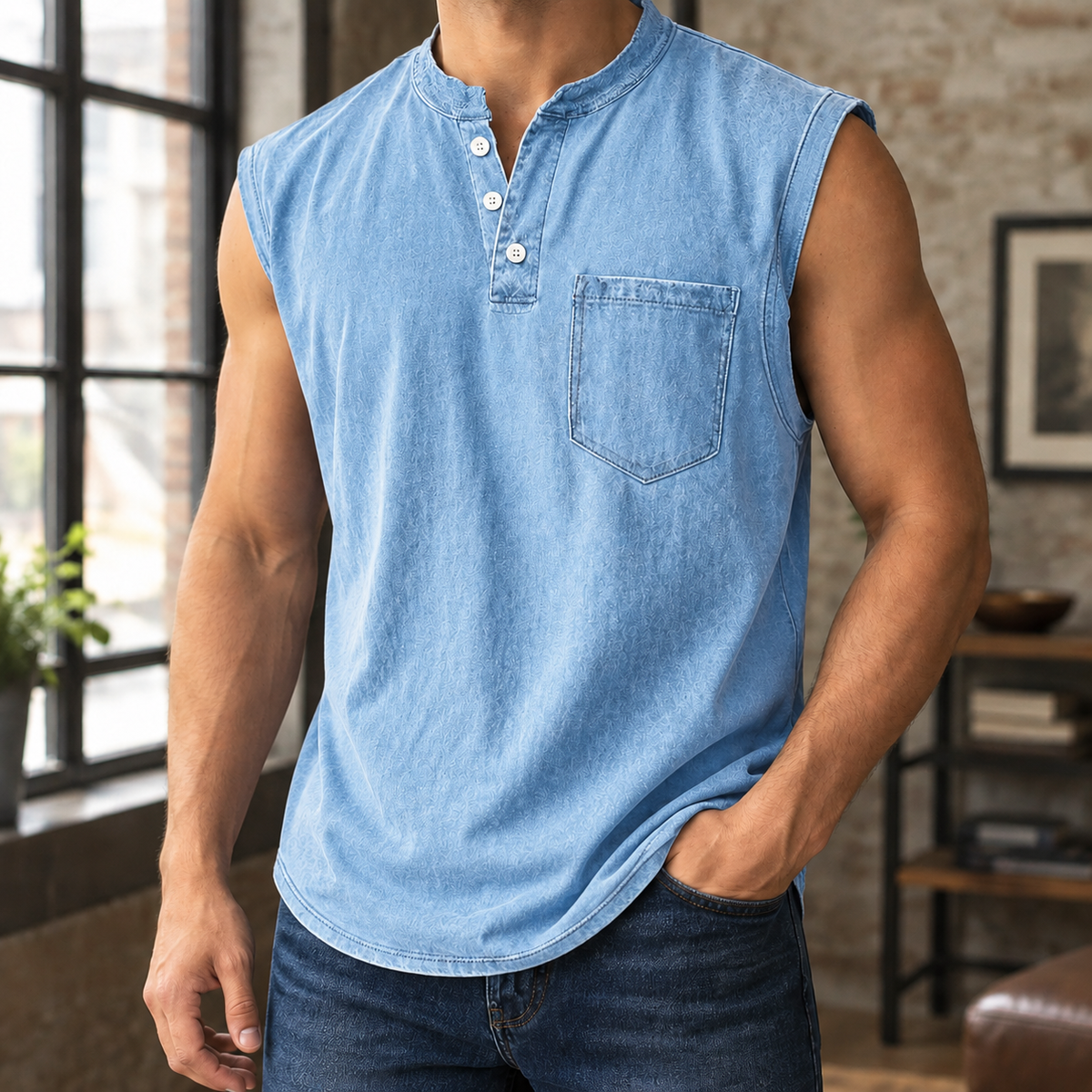 Men's T Shirts Soft Woven Blend, Relaxed Sleeveless Henley