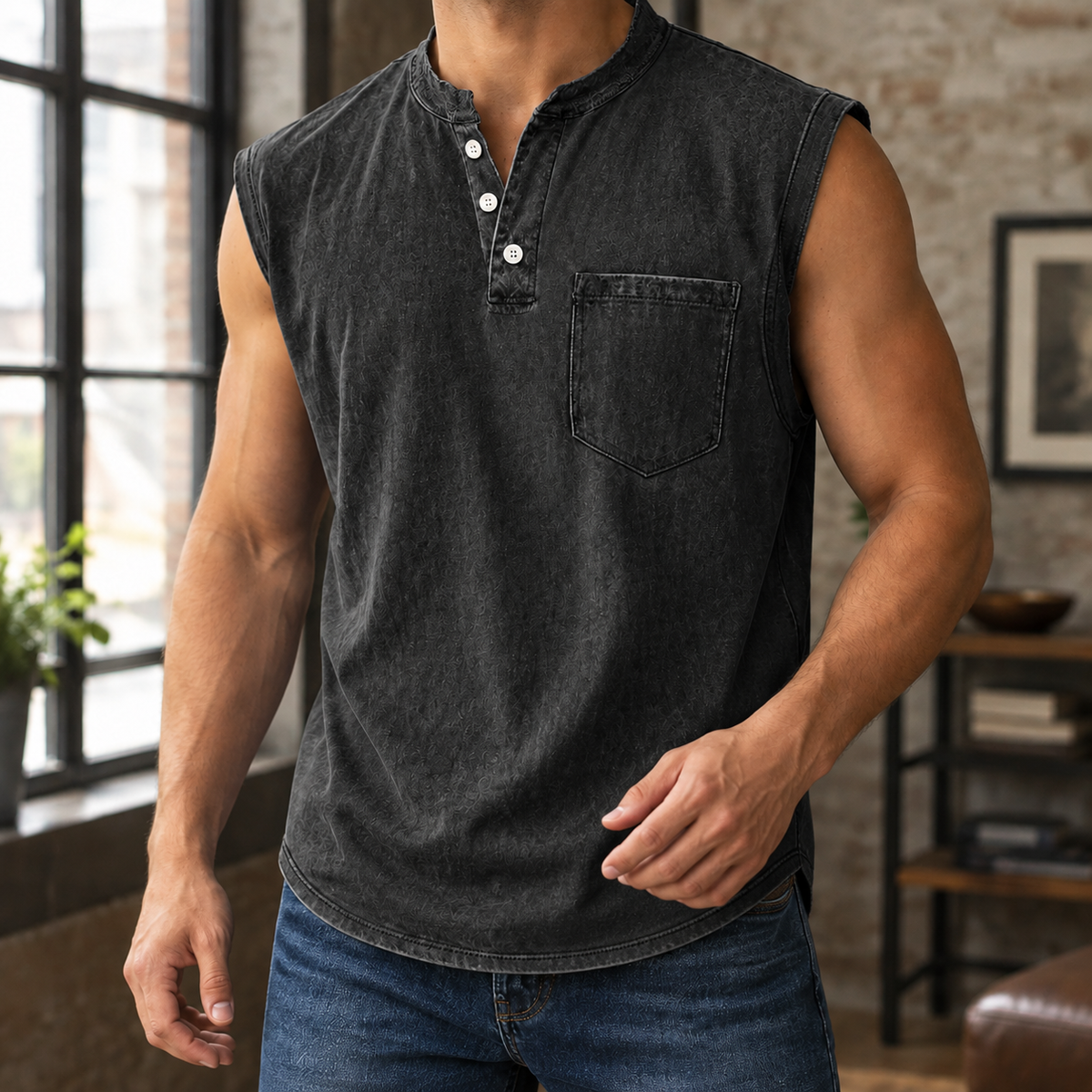 Men's T Shirts Soft Woven Blend, Relaxed Sleeveless Henley