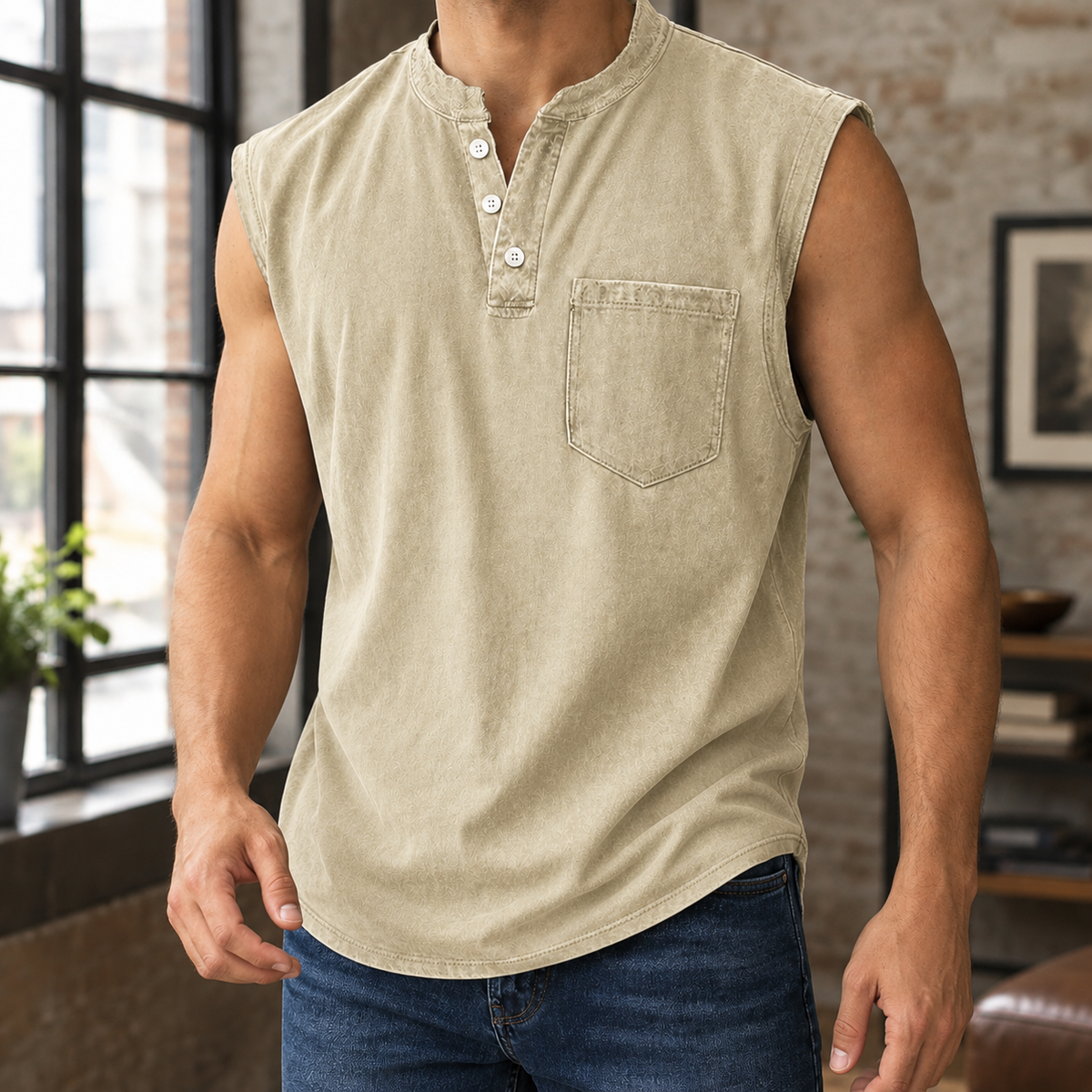 Men's T Shirts Soft Woven Blend, Relaxed Sleeveless Henley