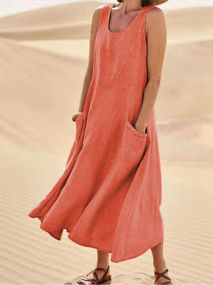 Midi Dress with A-Line Cut and Scoop Neck for Women