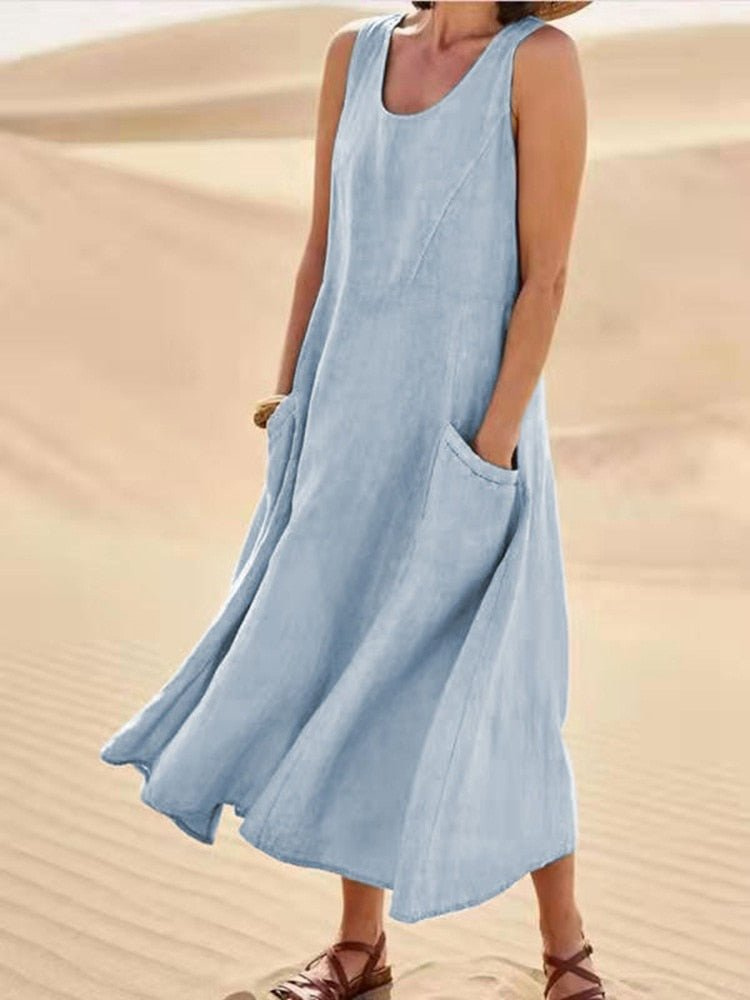 Midi Dress with A-Line Cut and Scoop Neck for Women