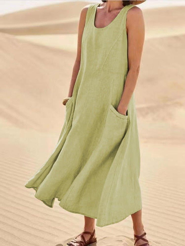 Midi Dress with A-Line Cut and Scoop Neck for Women