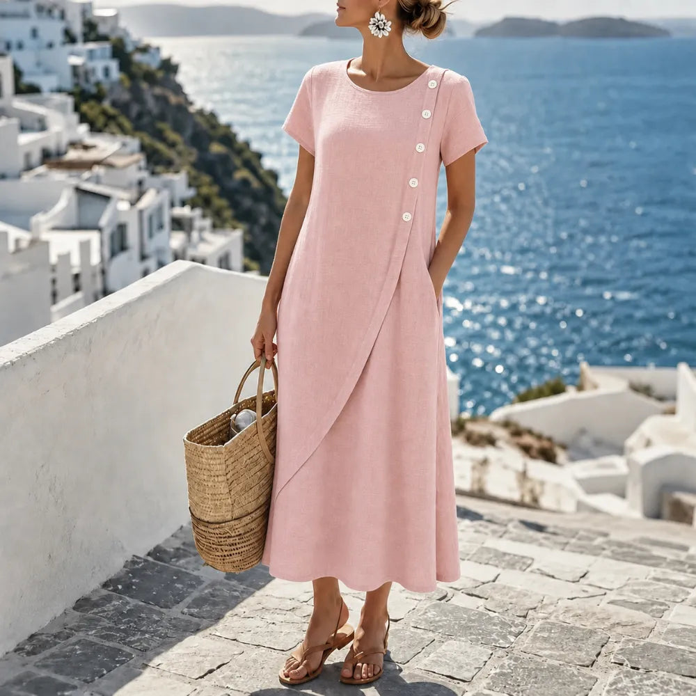 Midi Dress with Asymmetric Buttons and Pockets