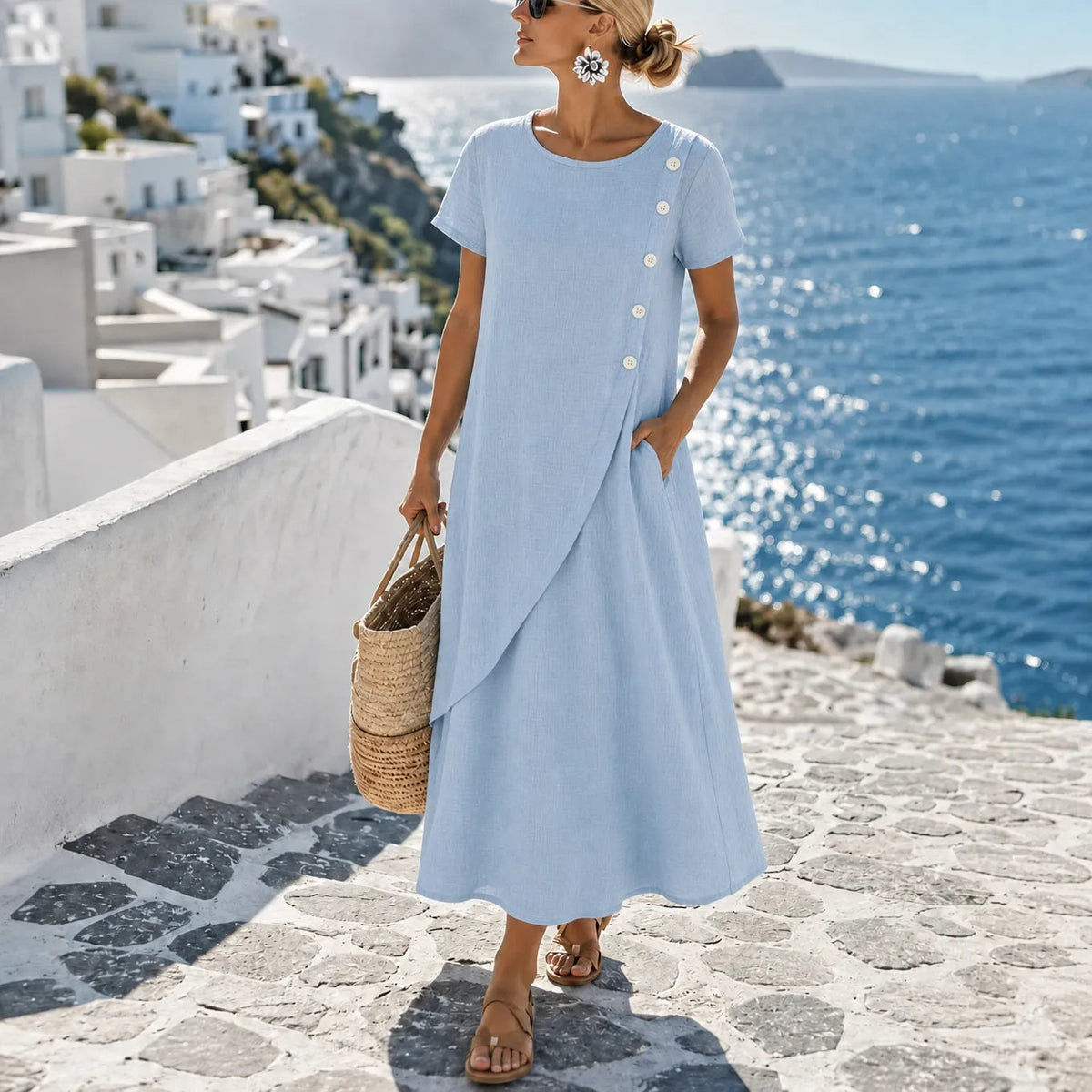 Midi Dress with Asymmetric Buttons and Pockets