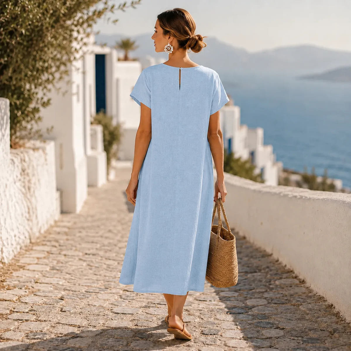 Midi Dress with Asymmetric Buttons and Pockets