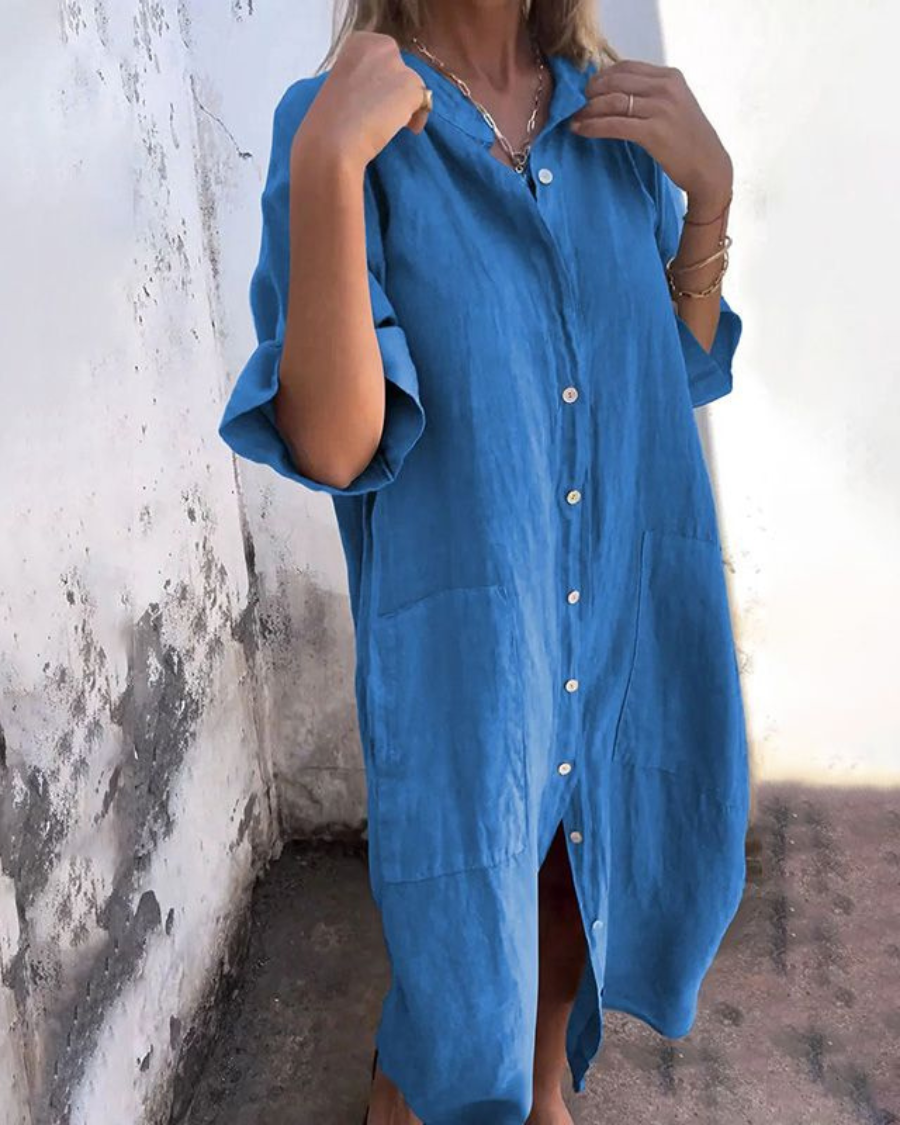 Midi Dress with Button Front and Loose Fit for Women