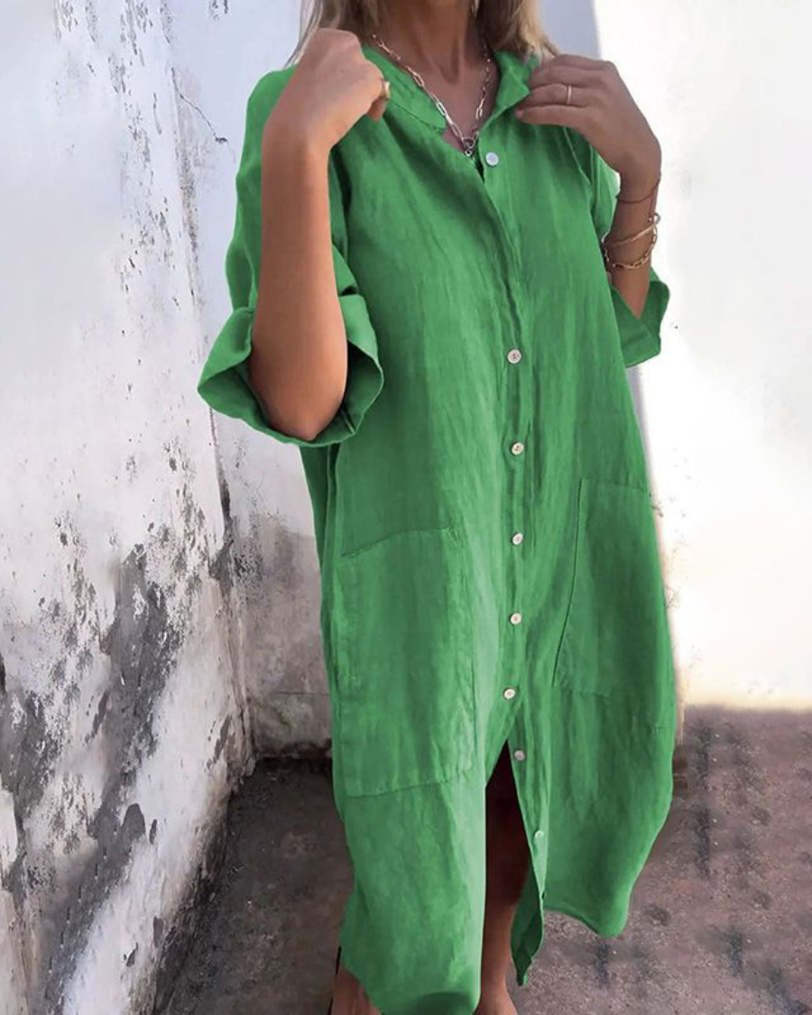Midi Dress with Button Front and Loose Fit for Women