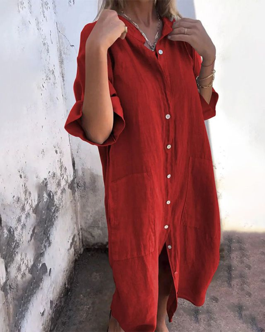 Midi Dress with Button Front and Loose Fit for Women