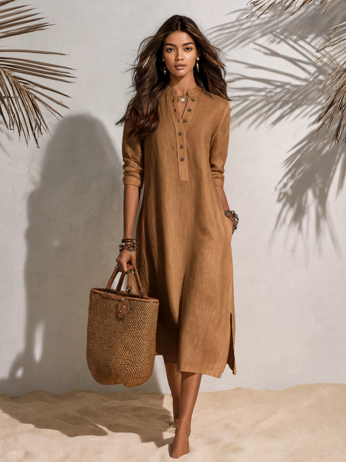 Midi Dress with Button Front and Regular Fit