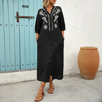 Midi Dress with Embroidery and A-Line Cut for Women