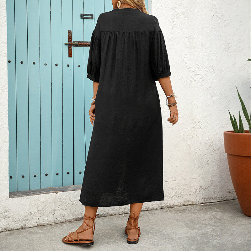 Midi Dress with Embroidery and A-Line Cut for Women