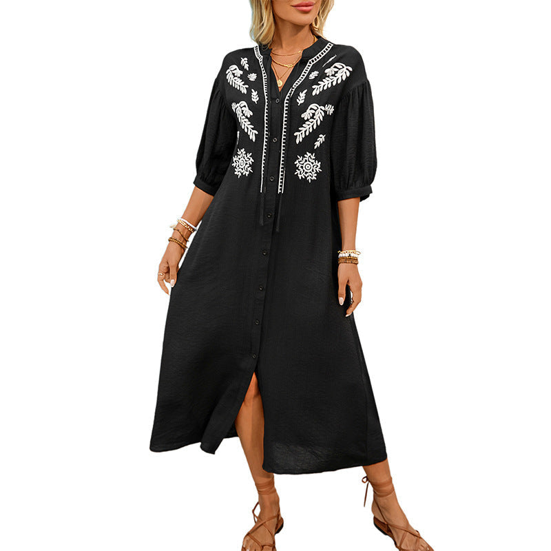 Midi Dress with Embroidery and A-Line Cut for Women