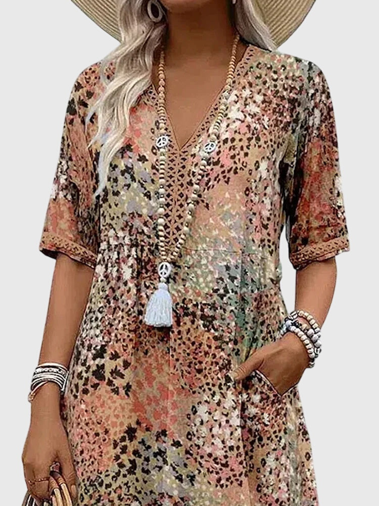 Midi Dress with Floral Pattern and Flowing Fit