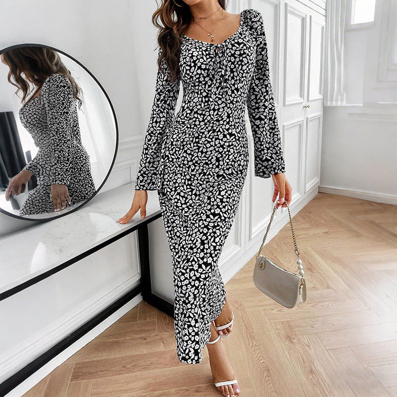 Midi Dress with Floral Print and Trumpet Sleeves for Women