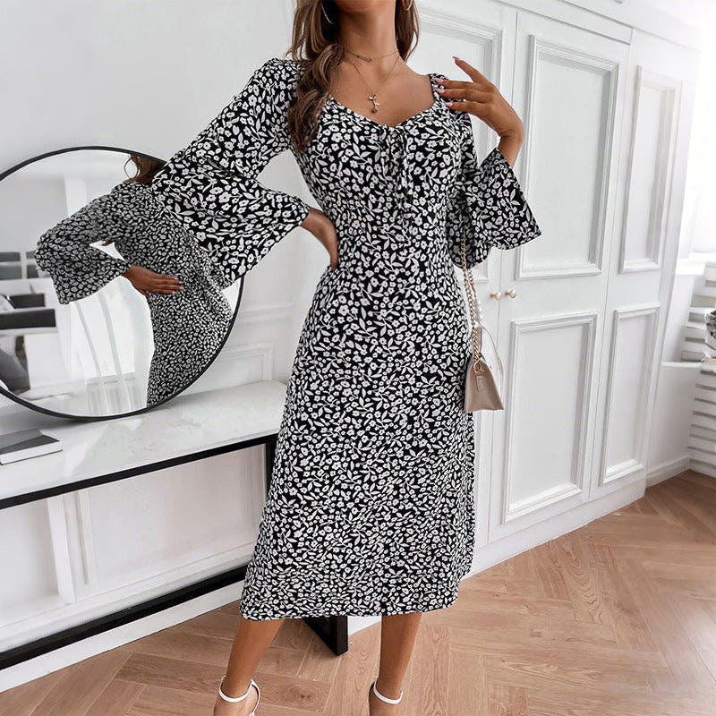 Midi Dress with Floral Print and Trumpet Sleeves for Women