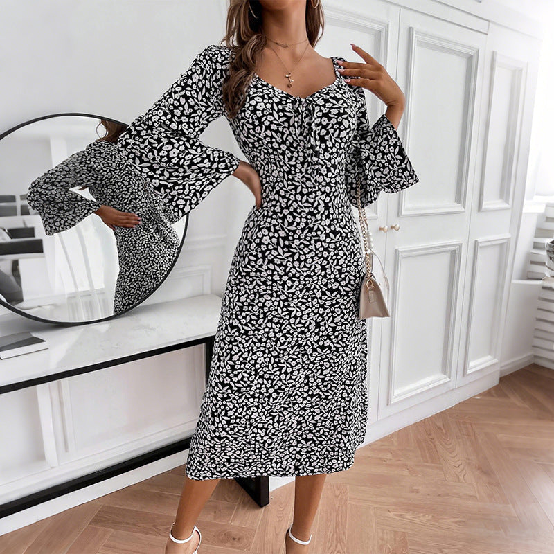 Midi Dress with Floral Print and Trumpet Sleeves for Women