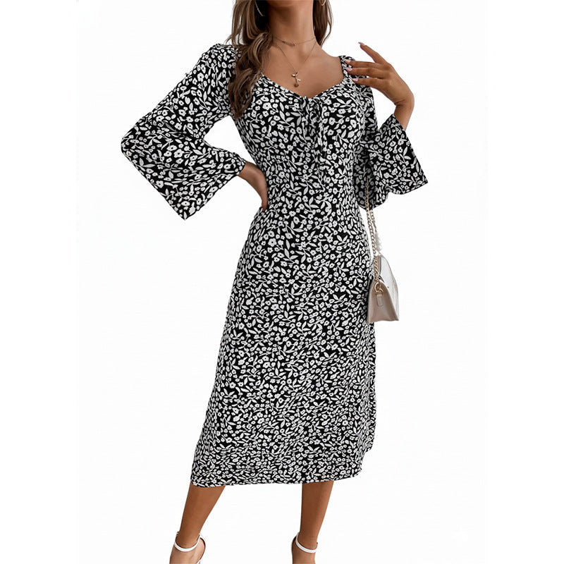 Midi Dress with Floral Print and Trumpet Sleeves for Women