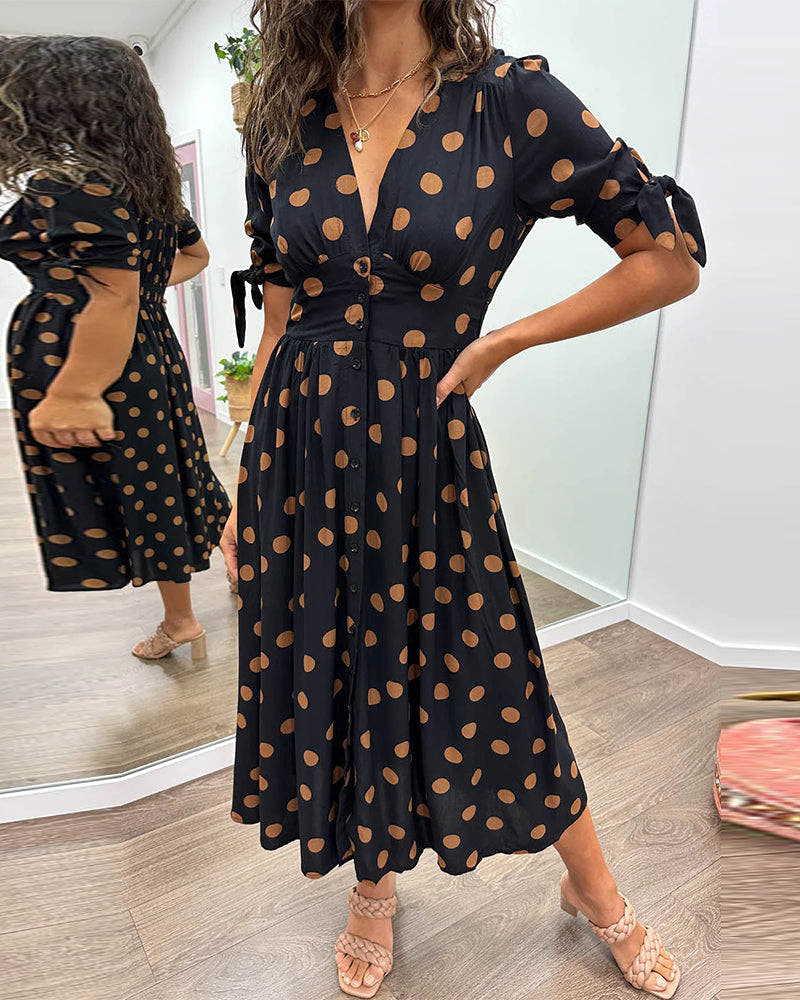 Midi Dress with Polka Dots and a Deep V-Neck
