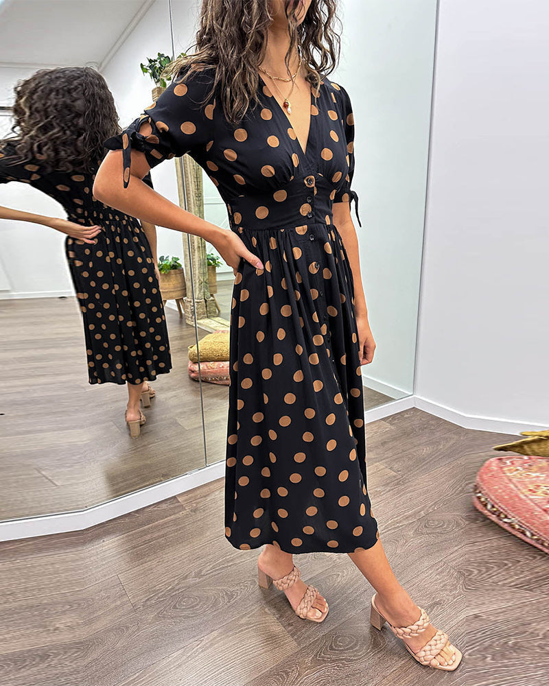 Midi Dress with Polka Dots and a Deep V-Neck