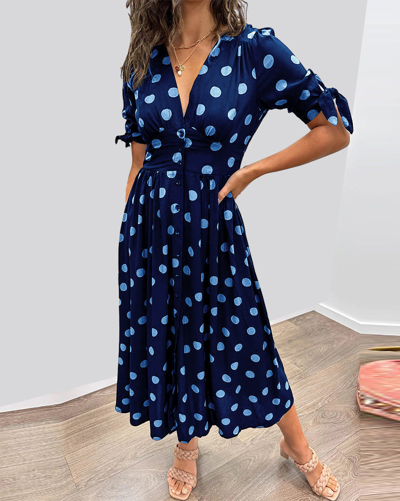 Midi Dress with Polka Dots and a Deep V-Neck