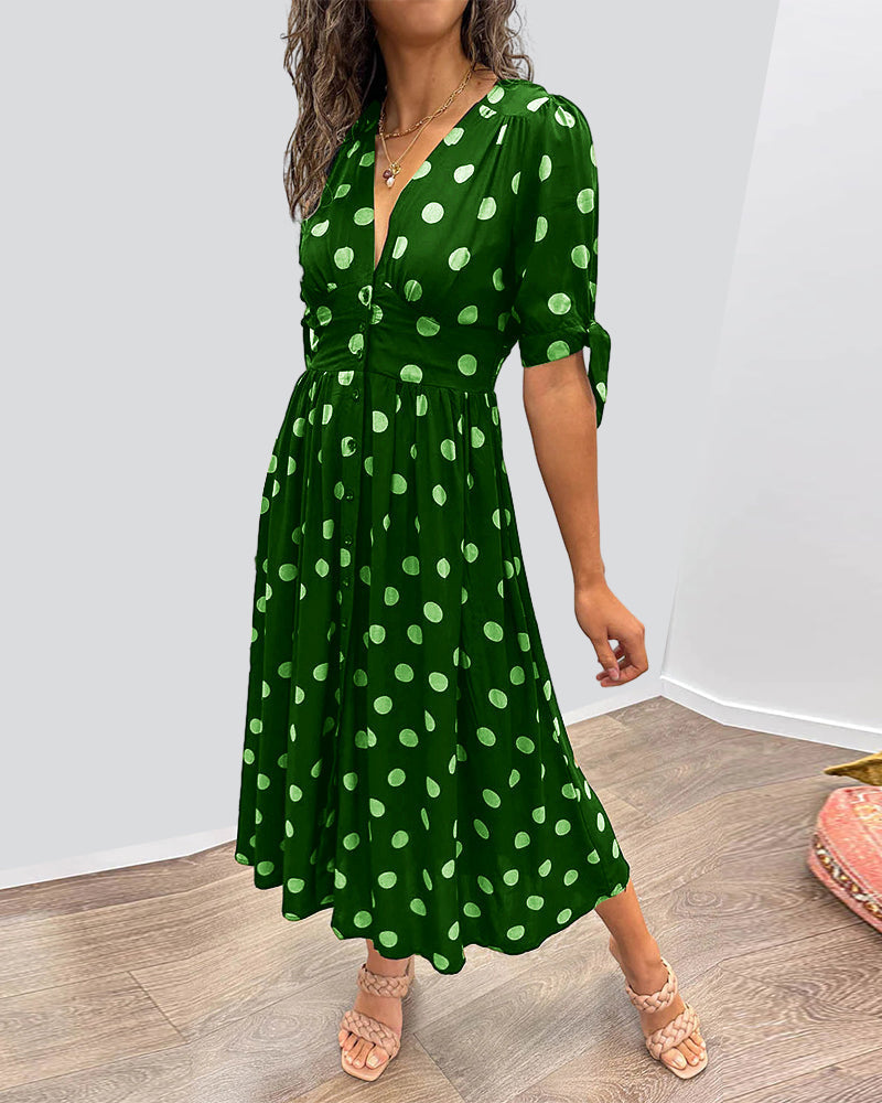Midi Dress with Polka Dots and a Deep V-Neck