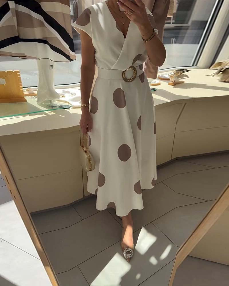 Midi Dress with Polka Dots and V-Neck for Women