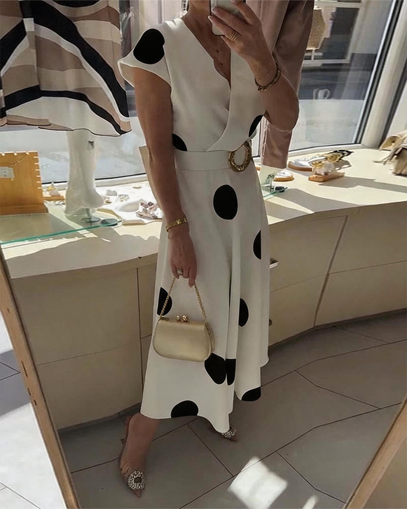 Midi Dress with Polka Dots and V-Neck for Women