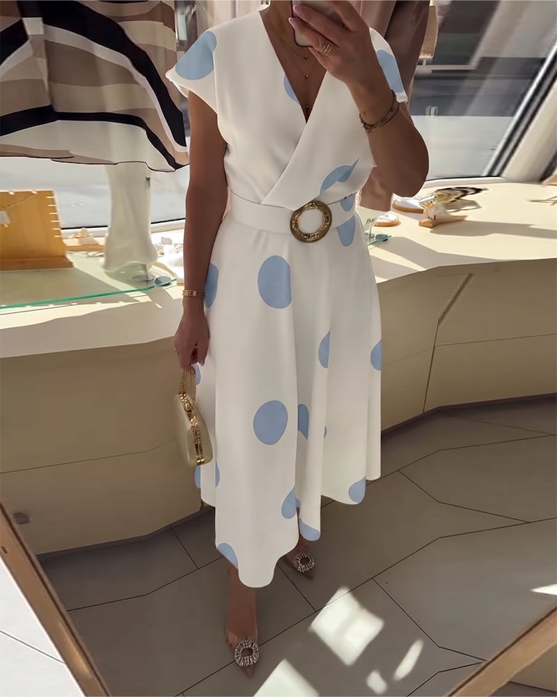 Midi Dress with Polka Dots and V-Neck for Women