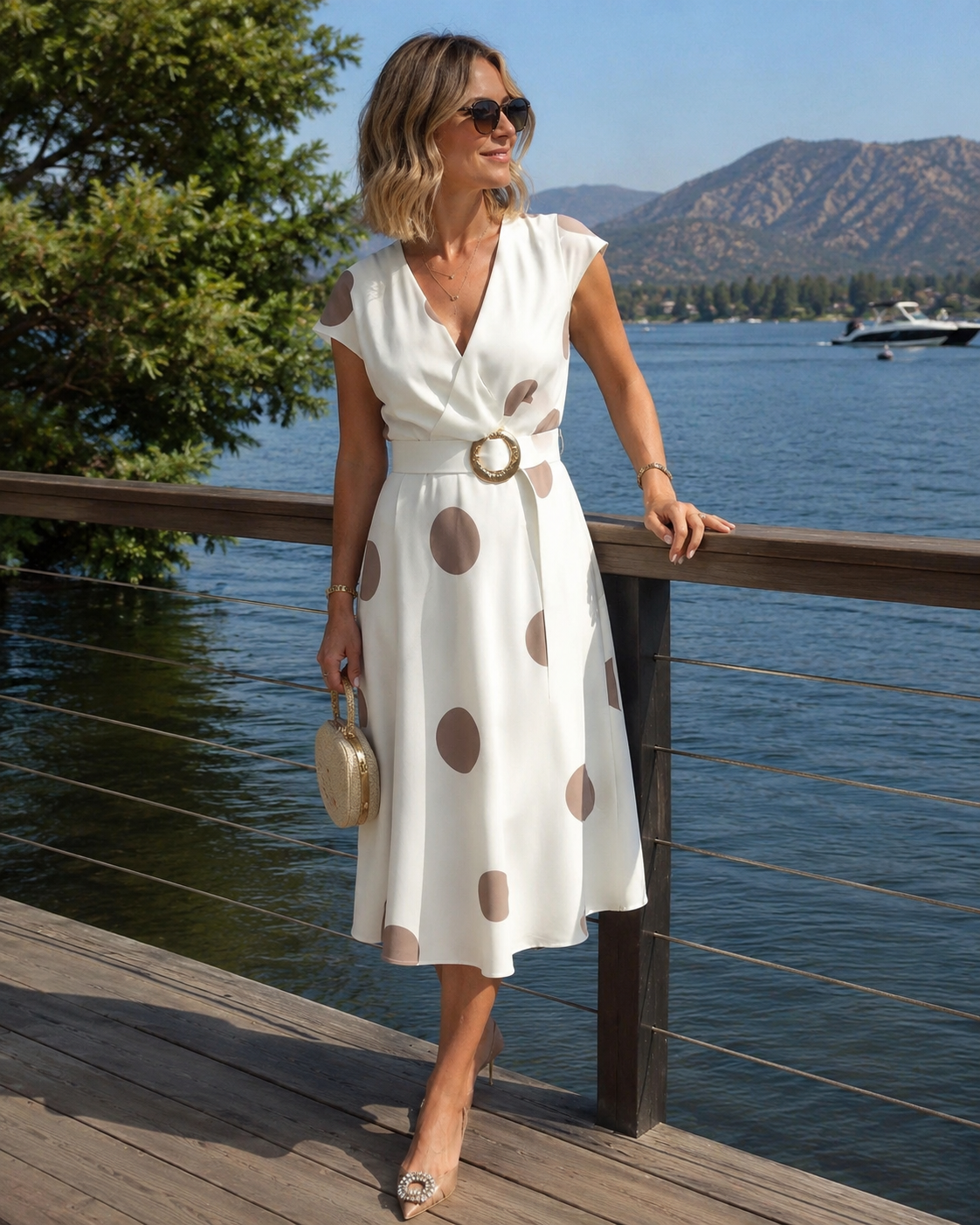 Midi Dress with Polka Dots and V-Neck for Women