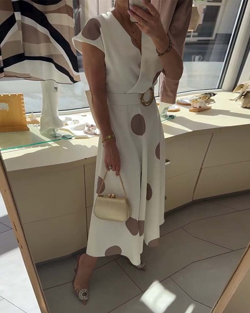 Midi Dress with Polka Dots and V-Neck for Women
