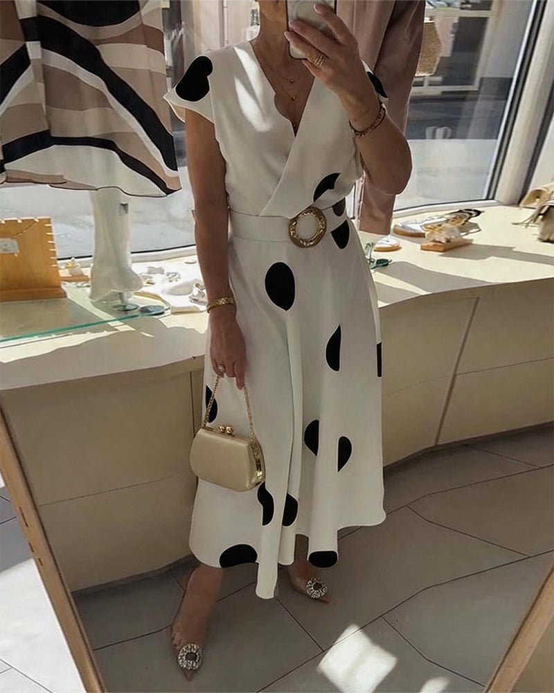 Midi Dress with Polka Dots and V-Neck for Women
