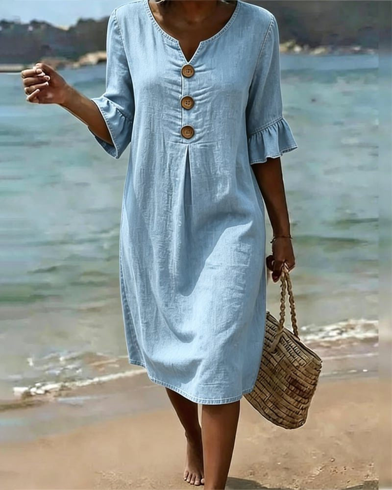 Midi Dress with Ruffle Sleeves and Button Front for Women