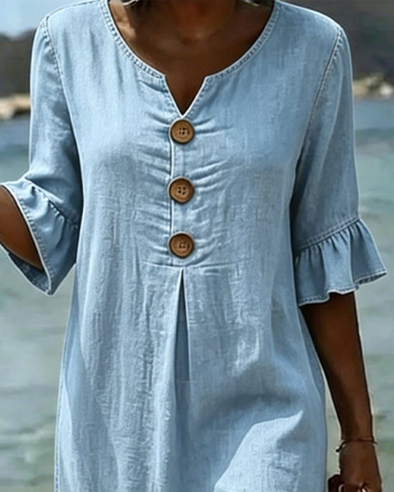 Midi Dress with Ruffle Sleeves and Button Front for Women