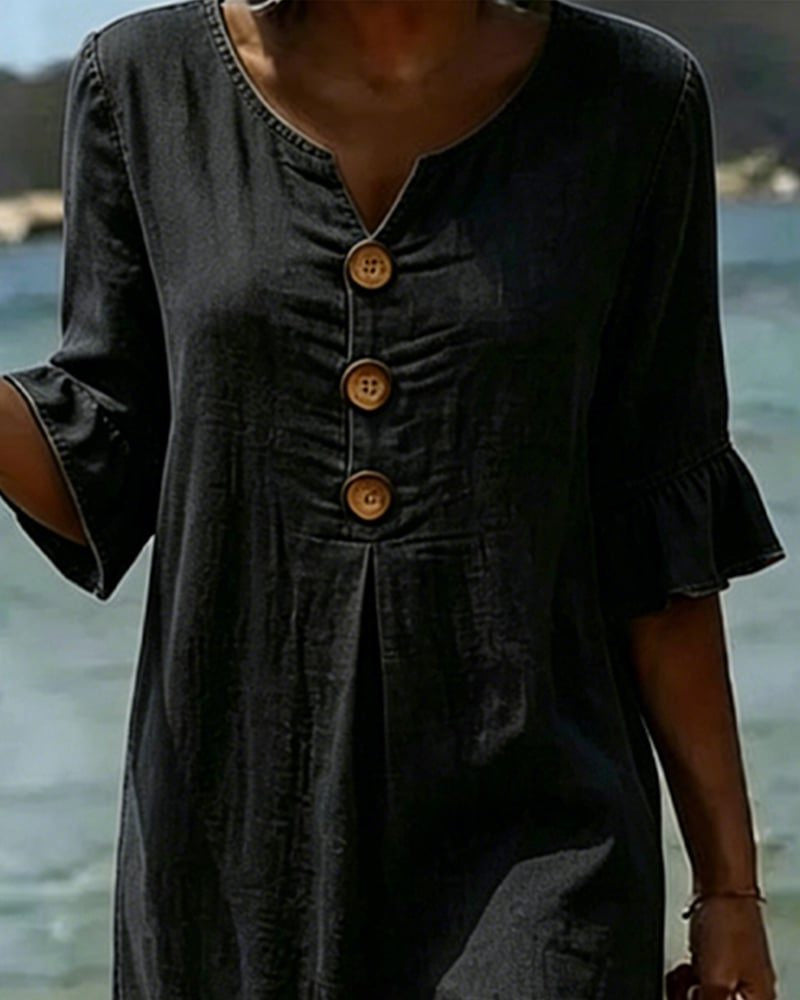 Midi Dress with Ruffle Sleeves and Button Front for Women