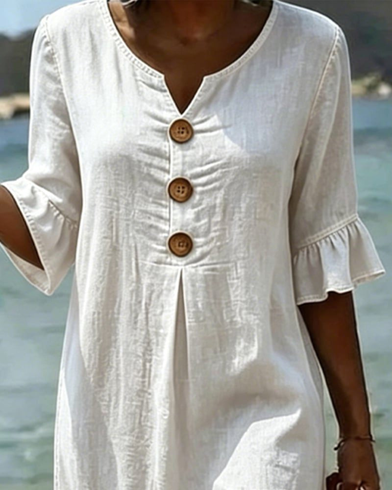 Midi Dress with Ruffle Sleeves and Button Front for Women