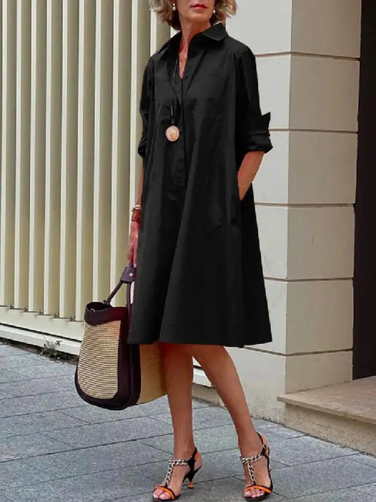 Midi Dress with Shirt Collar and Loose Fit for Women