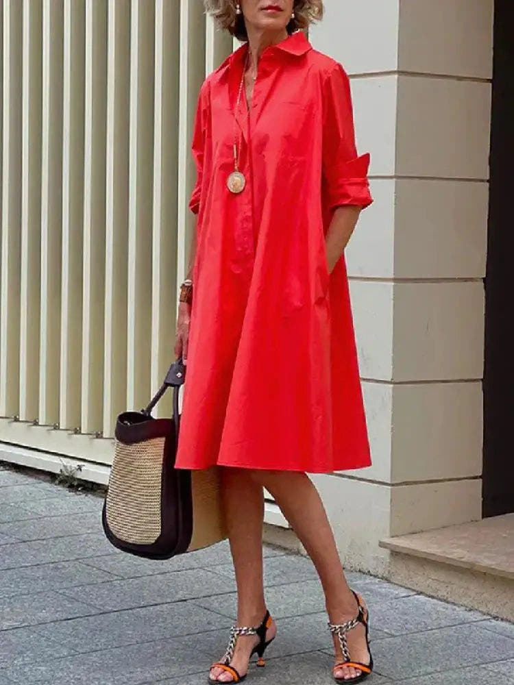Midi Dress with Shirt Collar and Loose Fit for Women