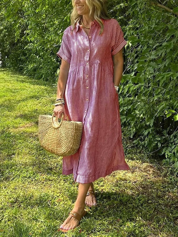 Midi Dress with Stripes and Short Sleeves for Women