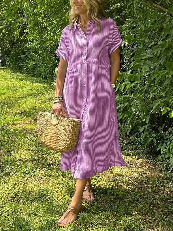 Midi Dress with Stripes and Short Sleeves for Women