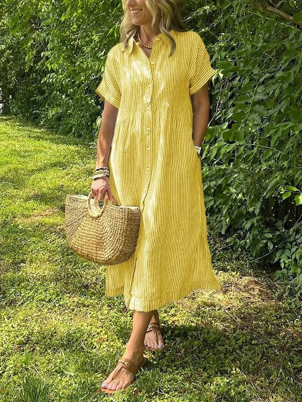 Midi Dress with Stripes and Short Sleeves for Women