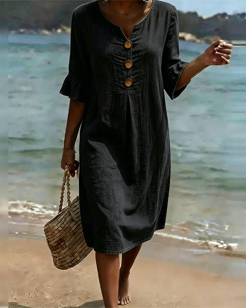 Mini Dress in Denim with Flared Sleeves and Front Buttons for Women