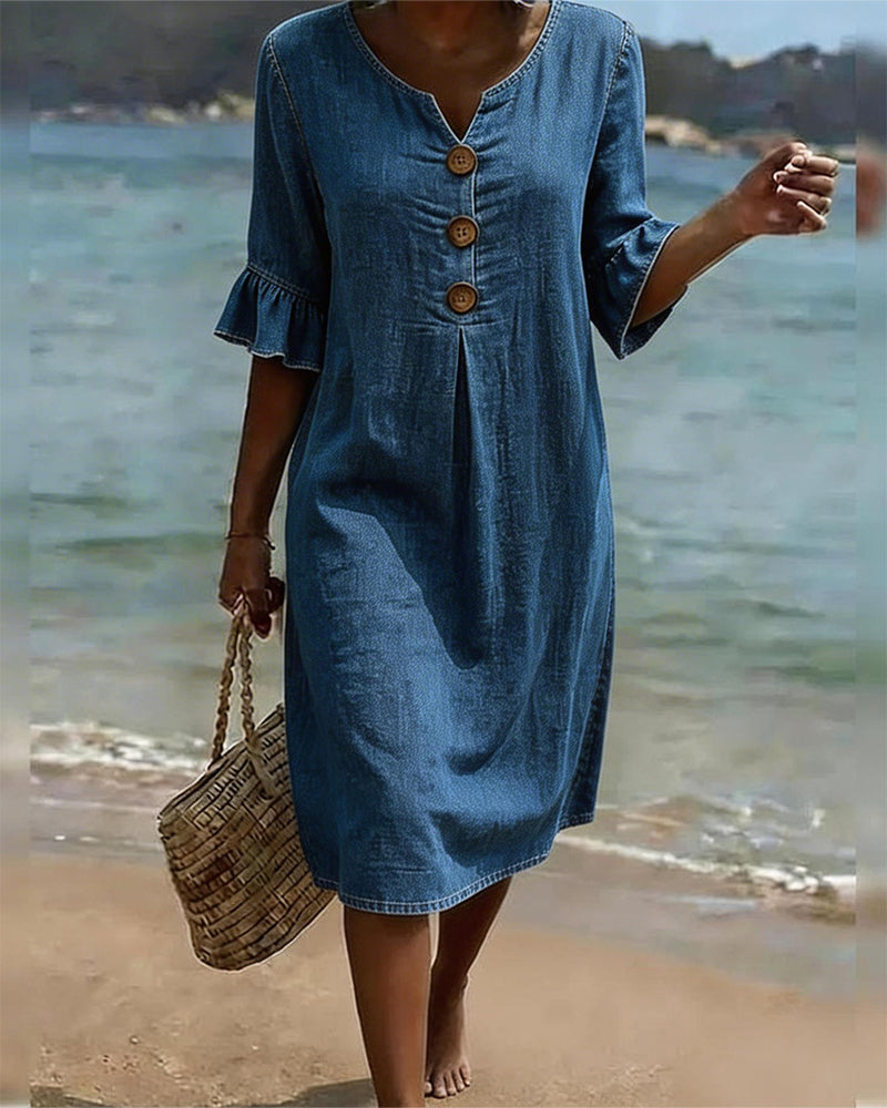 Mini Dress in Denim with Flared Sleeves and Front Buttons for Women