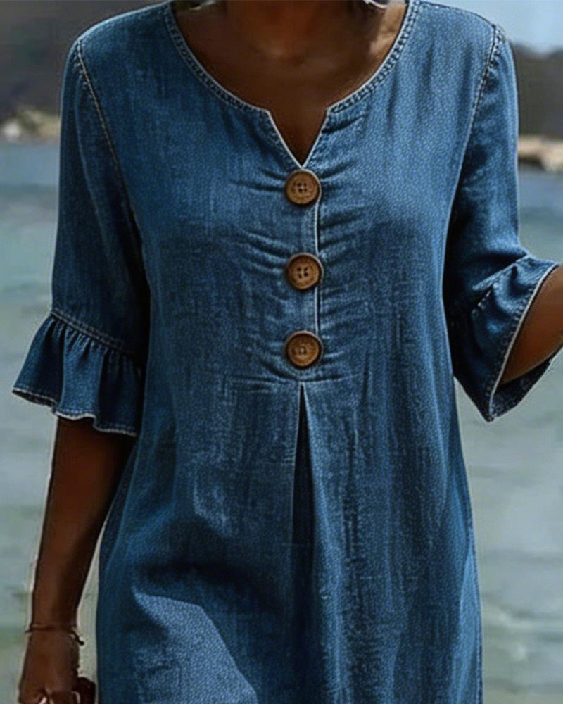Mini Dress in Denim with Flared Sleeves and Front Buttons for Women