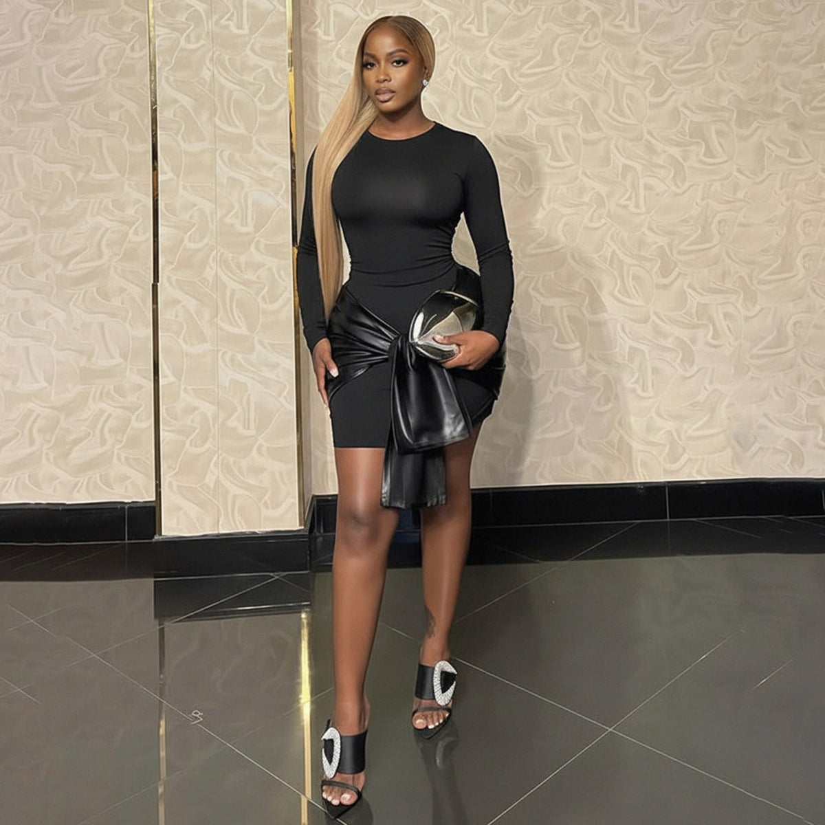 Mini Dress with Faux Leather Waist and Draping for Women