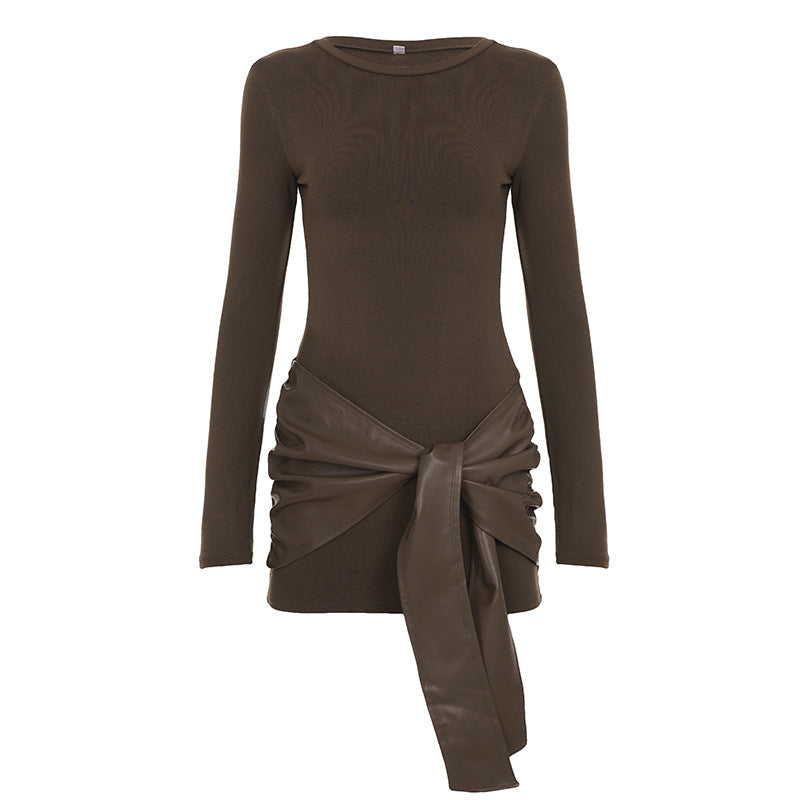 Mini Dress with Faux Leather Waist and Draping for Women