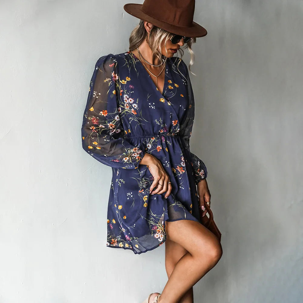 Mini Dress with Floral Print, V-Neck and Long Sleeves