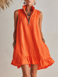 Mini Dress with Stand Collar, Half Zip and Ruffled Hem