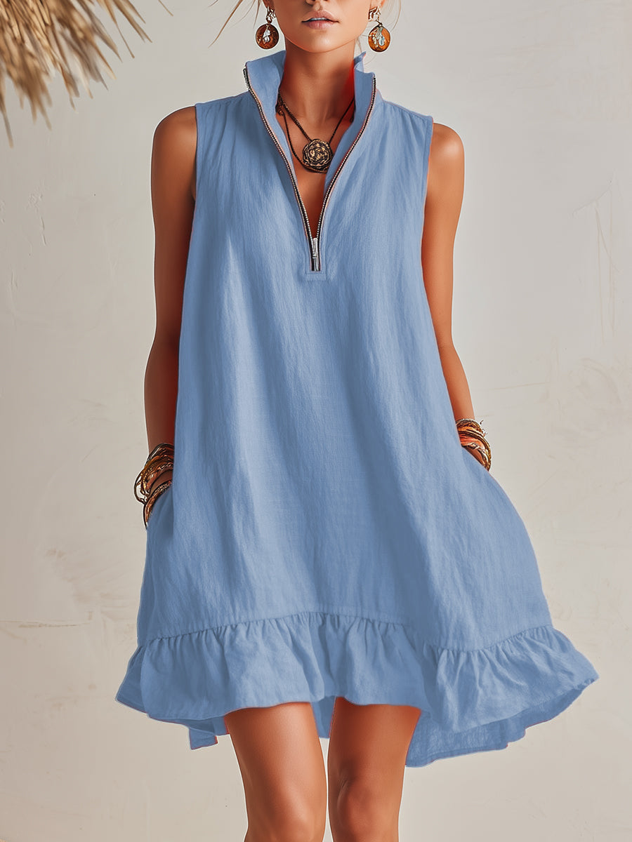 Mini Dress with Stand Collar, Half Zip and Ruffled Hem