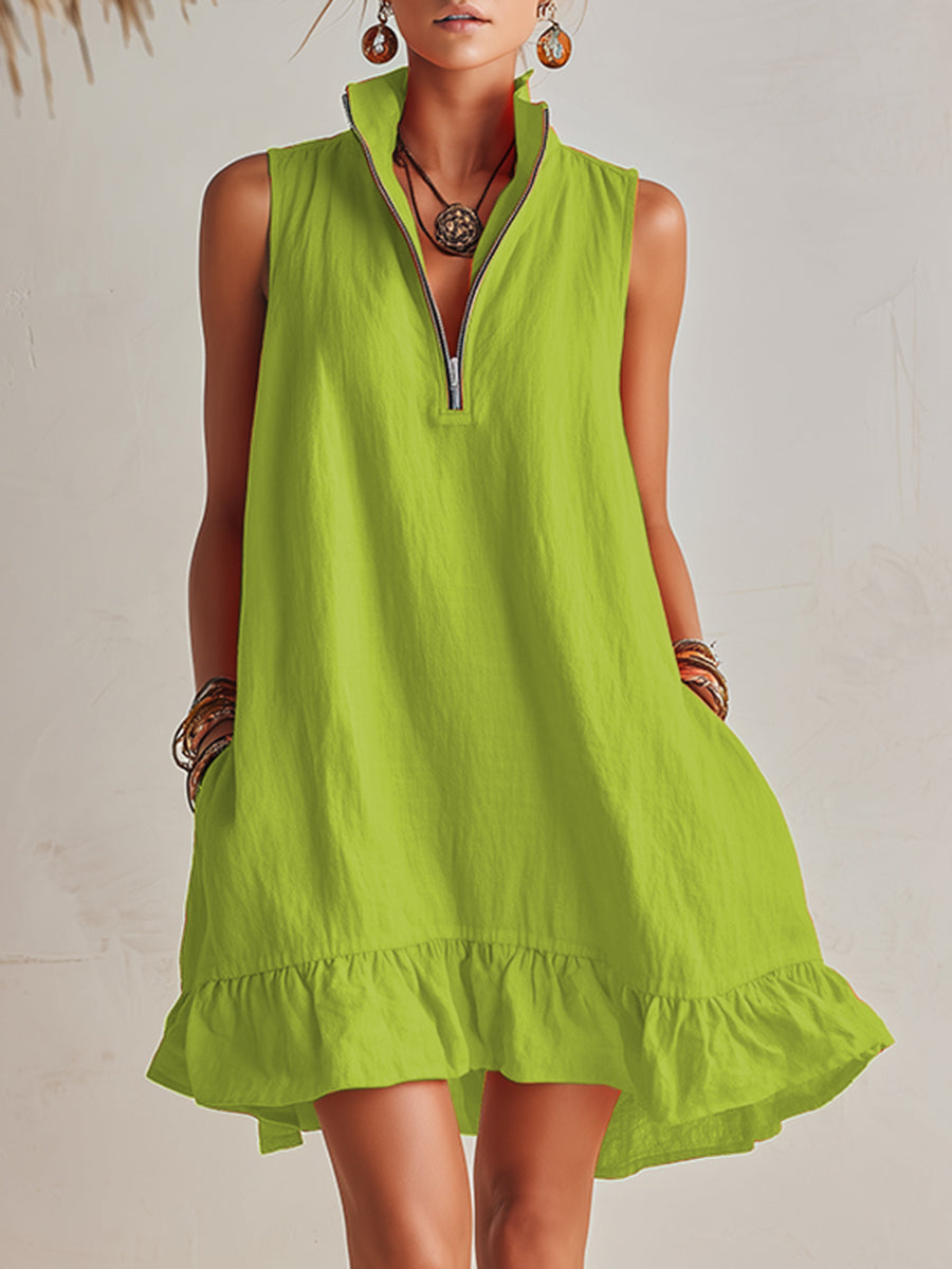 Mini Dress with Stand Collar, Half Zip and Ruffled Hem